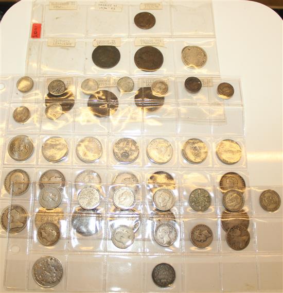 Group of coins including George I shilling, a 1787 shilling and a 1711 shilling(-)